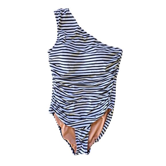 J.Crew Ruched One-Shoulder One-Piece Navy White Striped Swimsuit Size 12 - Picture 1 of 5